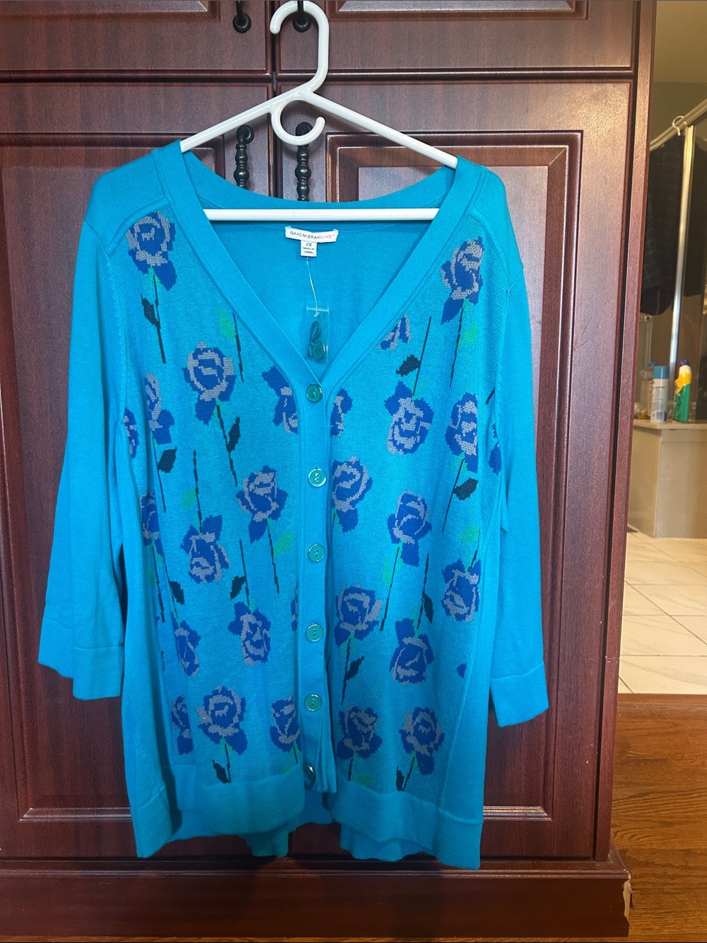 Isaac Mizrahi Teal Blue Floral Button-Front Cardigan